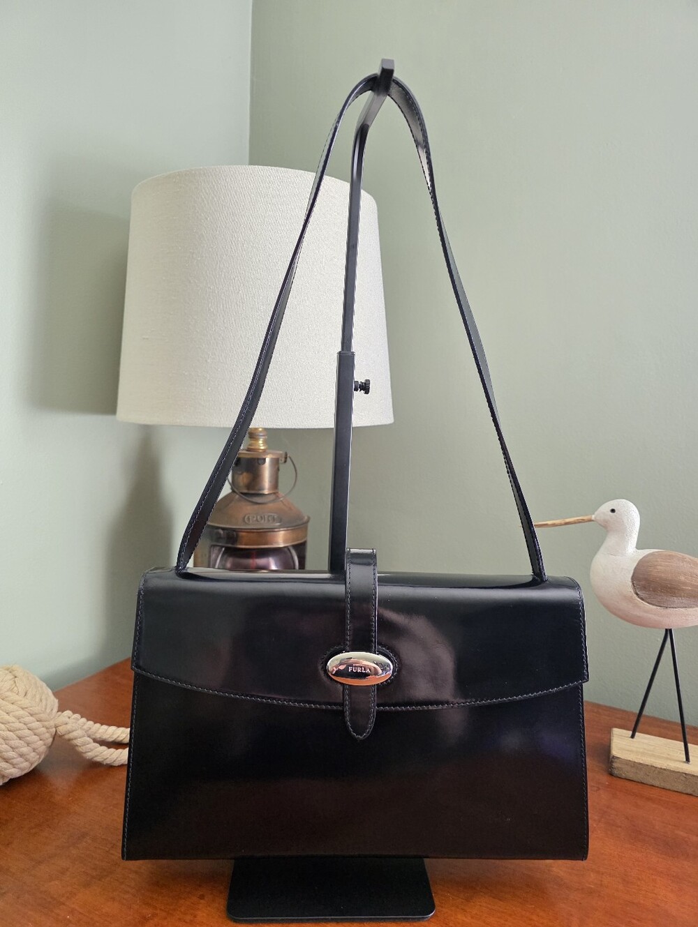 Furla Vintage Black Patent Leather Structured Shoulder Bag Y2K
